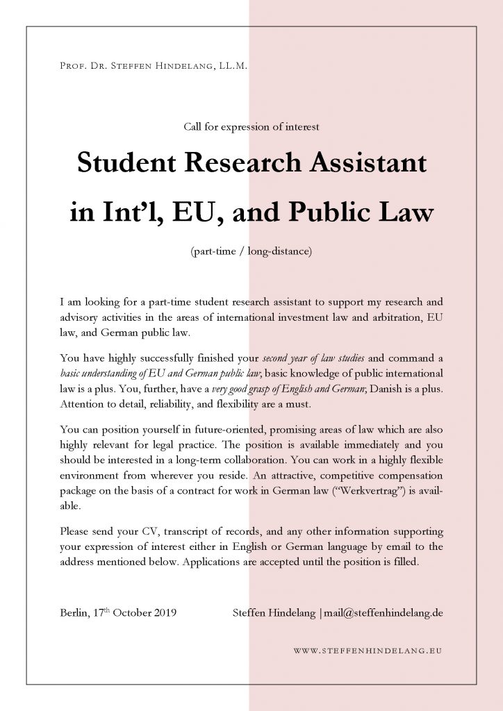Call for expression of interest: Student Research Assistant in Int’l, EU, and Public Law